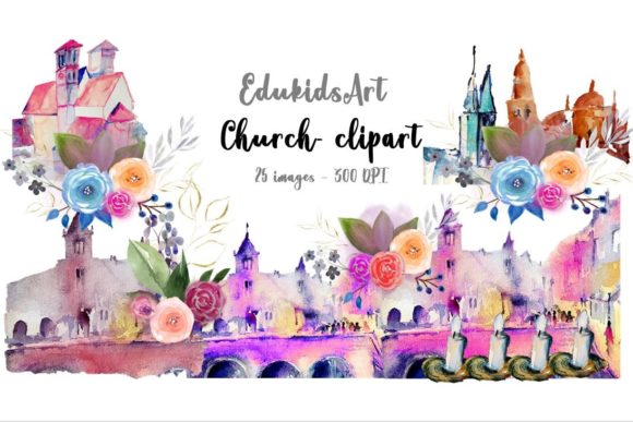 Church Clipart with Flowers and Candles
